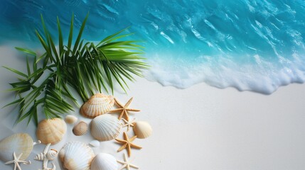 Obraz premium Top view of sandy beach with sea shells and starfish