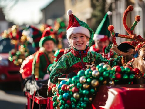 A young girl in a Santa hat and green sparkly dress smiles on a Christmas float