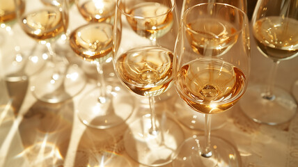 A collection of wine glasses filled with a golden-hued white wine, perfect for creating a sophisticated and elegant atmosphere.