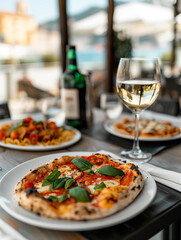 A mouthwatering plate of pasta with a stunning coastal view in the background. Perfect for food blogs, travel magazines, and restaurant marketing.