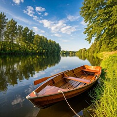 Obraz premium Tranquil Rowboat on a Serene River with Lush Green Foliage