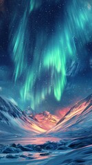 Obraz premium Illustration of Aurora Borealis over a snowy mountainous landscape at night