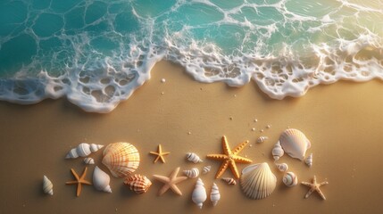 Top view of a sandy beach with sea shells and starfishes 