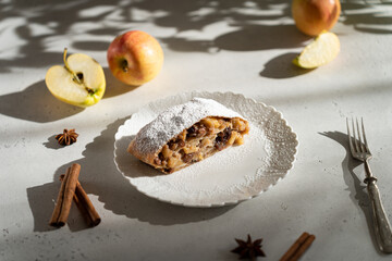 Apple strudel with powdered sugar on white plate. Traditional delicious german strudel stuffed with apples, raisin and cinnamon, ingredients on the background. Menu, recipe. Copy space, side view