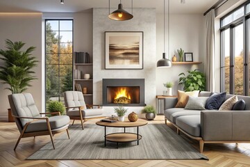 Scandinavian interior design of modern living room, home with fireplace and big poster frame