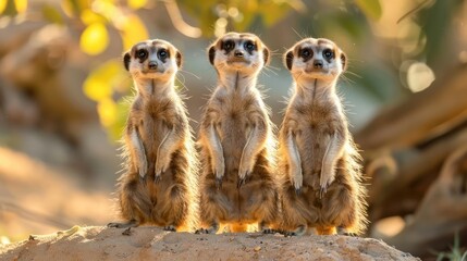 Fototapeta premium Three lemurs standing close together, likely siblings or a family unit.