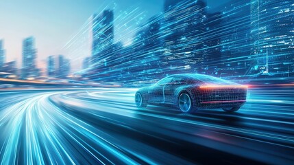 Fototapeta premium Hybrid car driving through a futuristic city powered by renewable energy