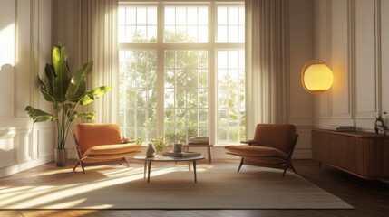 Fototapeta premium A modern minimalist interior design of a comfortable living room. Warm lighting creates a relaxing feeling while relaxing at home.