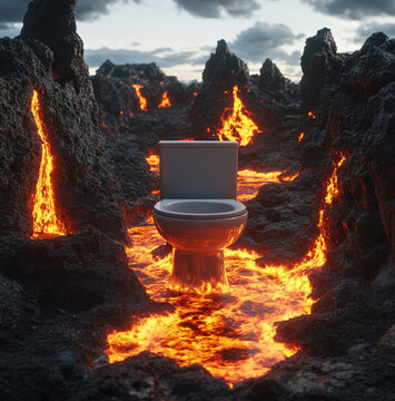 toilet made of lava, lava surrounding toilet, volcano setting, lots of lava, toilet focal point