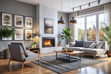 Scandinavian interior design of modern living room, home with fireplace and big poster frame