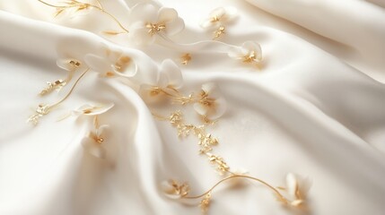 White silk fabric with golden floral embellishments
