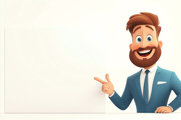 Cheerful cartoon businessman pointing at an empty space, perfect for showcasing messages or promotional content.