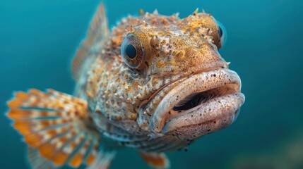 Underwater portrait of a colorful clownfish looking directly at the camera with an intriguing expres