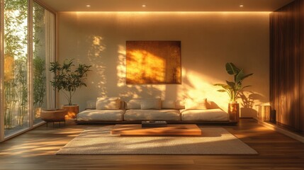 Fototapeta premium A modern minimalist interior design of a comfortable living room. Warm lighting creates a relaxing feeling while relaxing at home.