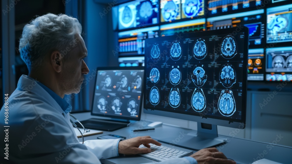 Aufkleber A man in a white lab coat is looking at a computer monitor displaying a series o