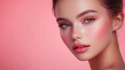 Fototapeta premium High-quality makeup tutorial, glossy stock photo, elegant and radiant beauty soft pastel color background with clean copyspace