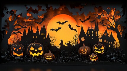 3D hallowween pumpkin Use black paper to cut out detailed silhouettes of classic Halloween symbols like jack-o'-lanterns, witches, bats, ghosts, and skeleton