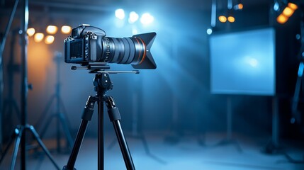 Professional DSLR Camera on Tripod in Studio with Lighting Equipment