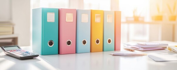 Organized binders in pastel colors on a desk. Perfect for office, home workspace, or stationery themes. Bright and inviting atmosphere.