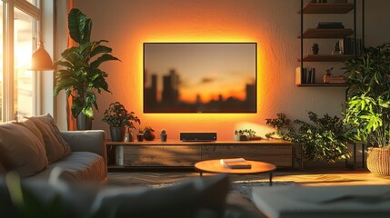 Modern Living Room Interior Design with Sunset Cityscape TV Screen and Warm Ambient Lighting