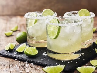 Refreshing margarita cocktails garnished with lime on a rustic wooden table, perfect for summer gatherings.