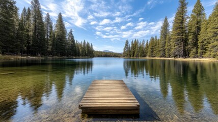 Obraz premium Serene lake view with a wooden dock surrounded by tall pine trees under a bright blue sky with fluffy clouds.
