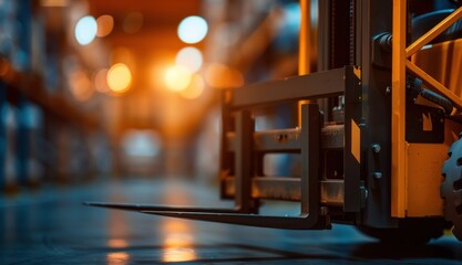 Close-up of a forklift in a warehouse, showcasing its lifting forks ready for action. A professional industrial scene.