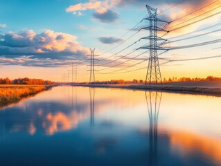 Fototapeta premium Stunning sunset over calm water with power lines reflecting in the serene river. A picturesque scene of nature and industry combined.