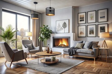 Scandinavian interior design of modern living room, home with fireplace and big poster frame