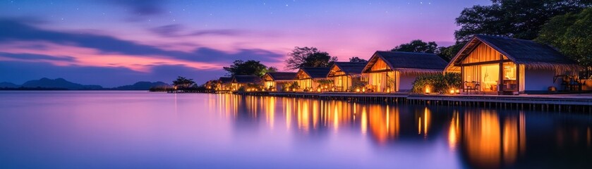 Obraz premium Tranquil sunset over water bungalows reflecting warm lights, creating a serene atmosphere for relaxation and escape.