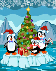 Penguins with a Christmas tree on an ice floe.Illustration with penguins and a Christmas tree on a large ice floe.