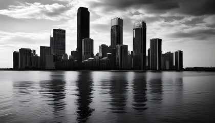 Monochrome city skyline featuring an iconic central building against a dramatic backdrop