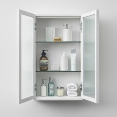 A neatly organized bathroom cabinet displaying toiletries and personal care items.