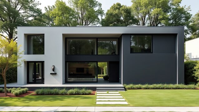 Moern House Exterior with Green Lawn an Stone Pathway
