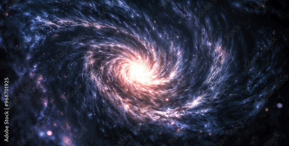 Poster spiral galaxy with a bright center is rotating in the vast expanse of deep space. high quality photo