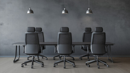 interior of a office, A five modern, minimalist office chairs with legs and black leather seats, neatly aligned in a corridor with a light gray wall background, giving a clean and professional