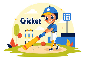 Batsman Playing Cricket Vector Illustration with Bat and Ball on the Field for Championship Tournament League In a Flat Style Cartoon Background
