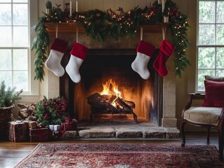 Cozy Christmas Fireplace with Stockings and Gifts