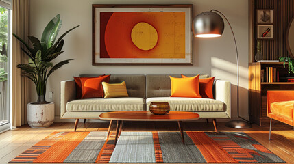 A stylish mid-century modern living room with a low-profile sofa, a retro coffee table with tapered legs, and a classic arc floor lamp. 