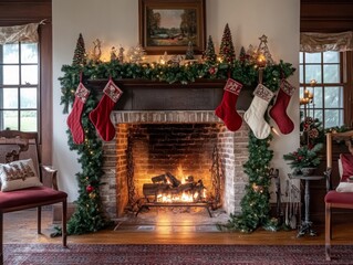 Christmas Decorated Fireplace with Stocking and Garland