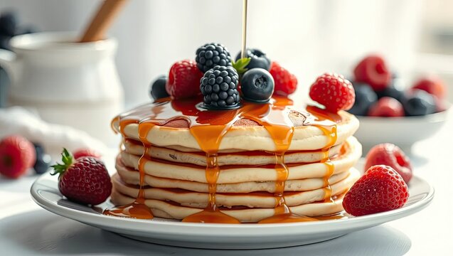 Delicious Pancakes with Fresh Berries an Syrup