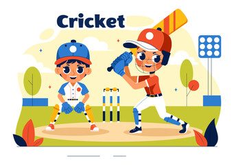 Batsman Playing Cricket Vector Illustration with Bat and Ball on the Field for Championship Tournament League In a Flat Style Cartoon Background
