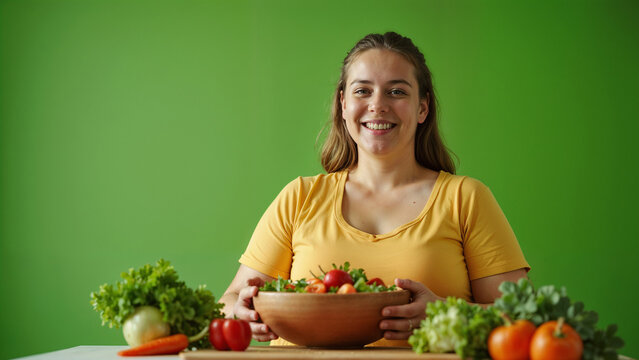 Overweight girl eating healthy vegetable salad on green background