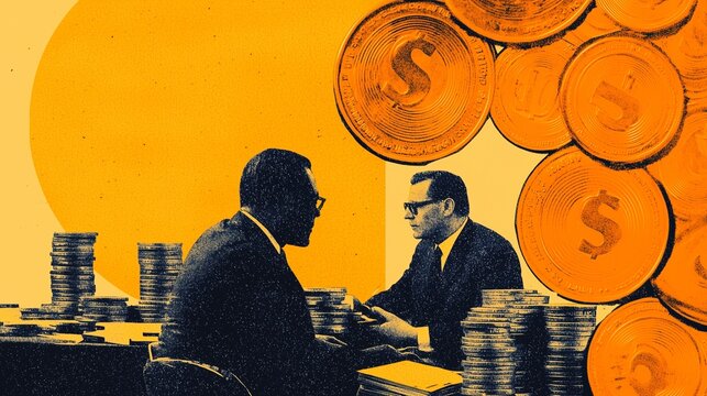 Art collage depicting investment strategies with businessmen, stacks of coins, and dollar symbols, symbolizing financial planning and growth.