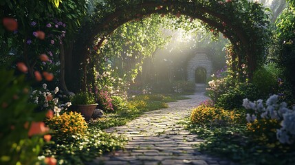 A divine light illuminating a tranquil garden.