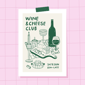 Kitchen Wall art. Invitation for wine and cheese party. Wine tasting concept.