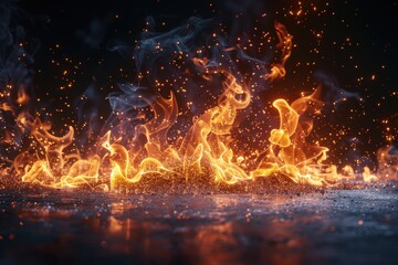 Fiery flames with sparks and smoke on a dark background.