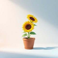 Obraz premium Two Sunflowers in a Clay Pot on a White Backgroun