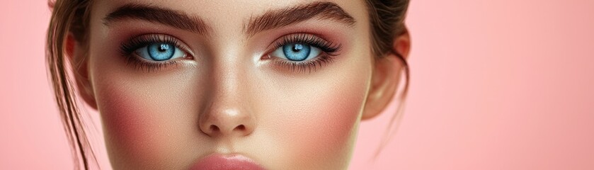 Obraz premium Sophisticated cosmetics session, chic image, luxurious and refined makeup look soft pastel color background with clean copyspace