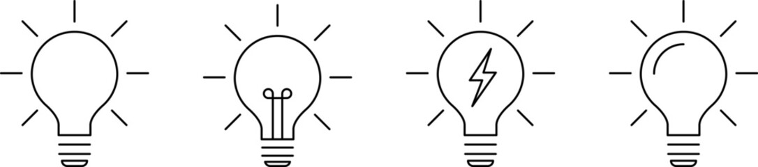 Light Bulb line icons set, isolated on white background. Idea sign, solution, thinking concept. Lighting Electric lamp, electricity, shine, shiny. Flat style for graphic design, logo, web site, UI.